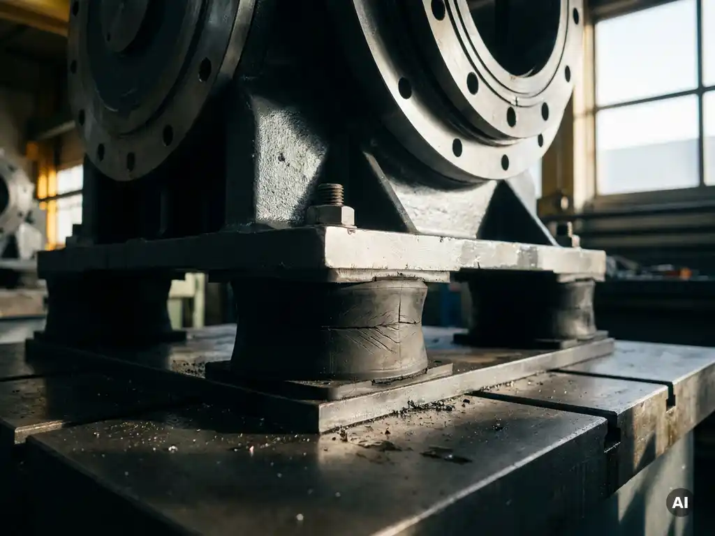 Schweres Maschinengehäuse auf Gummi-Schwingungsdämpfern mit Metallflansch und Elastomer-Isolierpads in Industriewerkstatt.