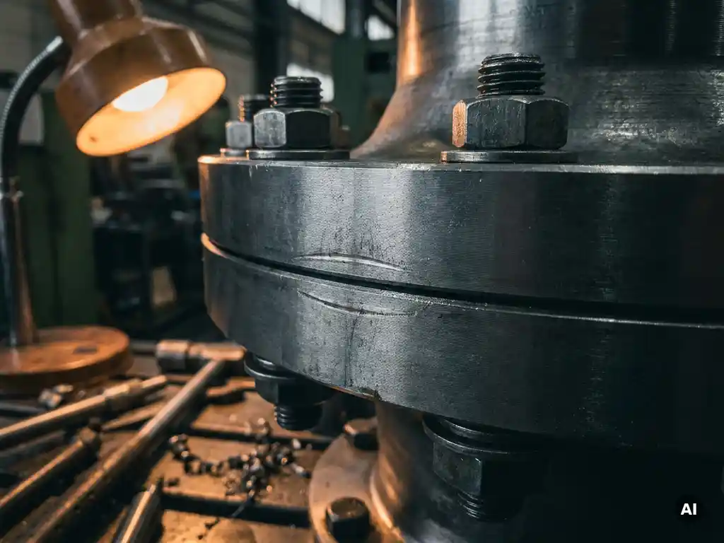 Nahaufnahme einer Stahlschraubenflanschverbindung mit zwei maschinell bearbeiteten Metallplatten und sichtbarer Kontaktfläche in industrieller Werkstattumgebung.