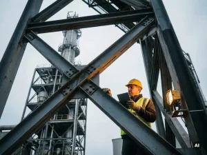 Bauingenieur mit Schutzhelm prüft Stahlverbindungen eines Industriegerüsts mit Diagonalverstrebungen vor bedecktem Himmel.
