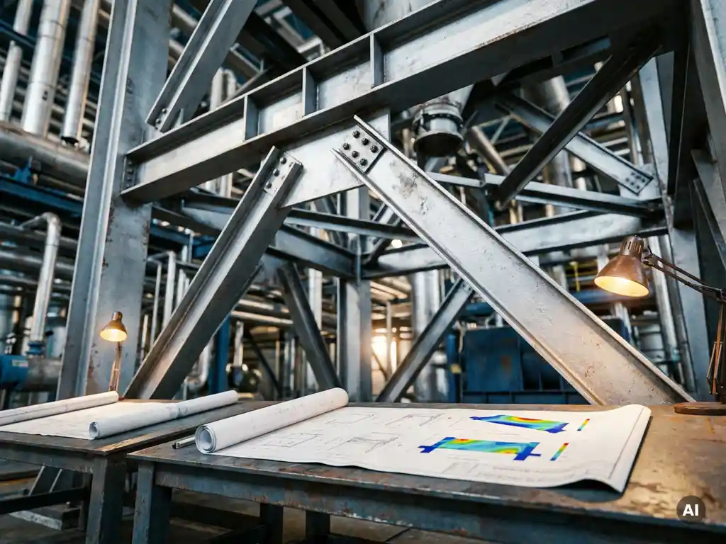 Industrielle Stahlträgerkonstruktion einer Prozessanlage mit komplexen Schraubenverbindungen, daneben Blaupausen zur Statikberechnung.
