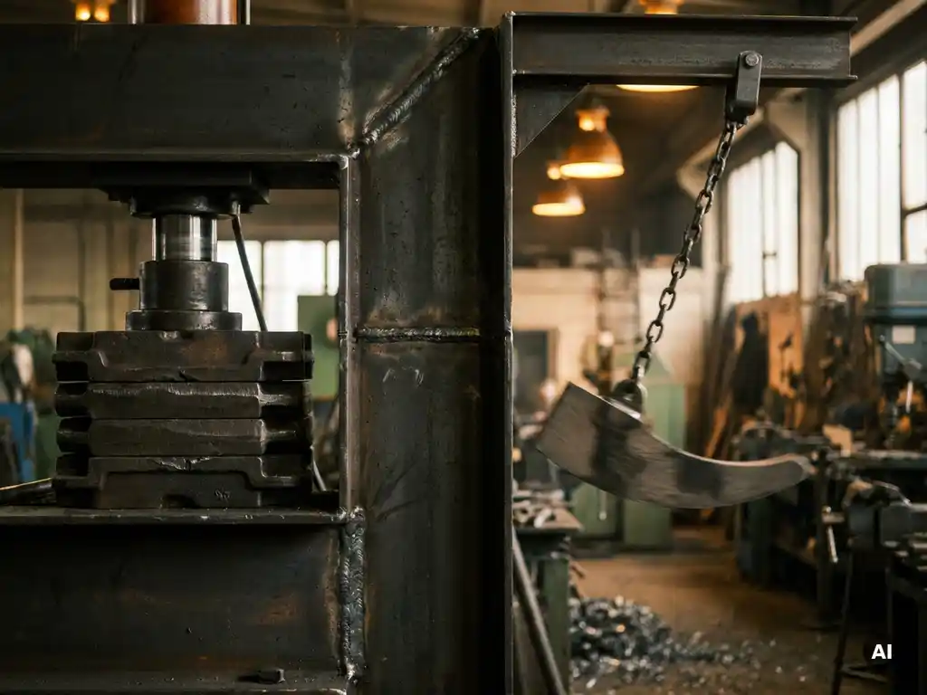 Geschweißter Stahlrahmen unter statischer Drucklast und dynamischer Pendelbelastung in industrieller Werkstatt mit sichtbaren Schweißnähten.