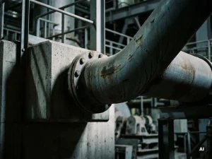 Schweres Stahlrohr an Betonanker befestigt mit leichter Wölbung durch Wärmedehnung, dramatische Seitenbeleuchtung in Industrieanlage.