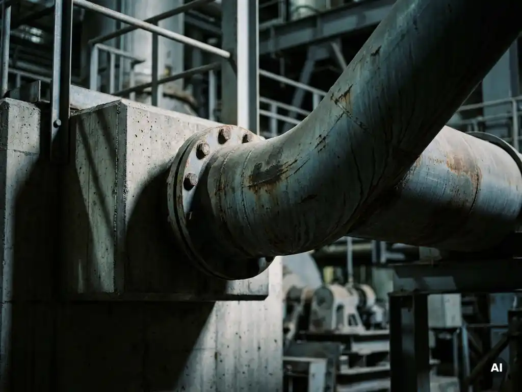 Schweres Stahlrohr an Betonanker befestigt mit leichter Wölbung durch Wärmedehnung, dramatische Seitenbeleuchtung in Industrieanlage.