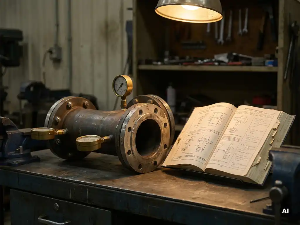 Stahlrohrverbindung mit Druckmessgeräten und Flanschverbindungen auf einer Werkbank neben einem aufgeschlagenen Ingenieurshandbuch.