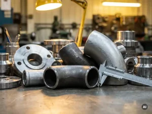 Industrielle Stahlfittings und Flansche auf Betonoberfläche, Druckangaben auf Metall sichtbar, Präzisionsschieblehre an Rohrbogen gelehnt.