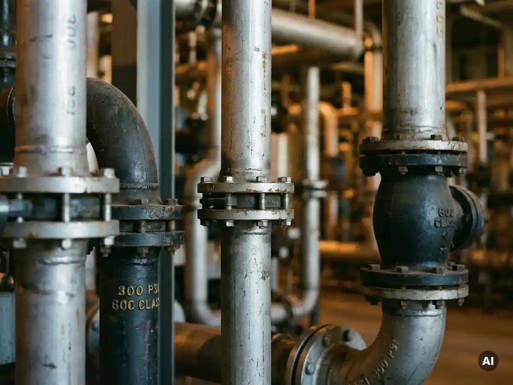 Industrielle Stahlrohre verschiedener Durchmesser mit sichtbaren Druckbewertungsstempeln an Flanschen in einer Verarbeitungsanlage.