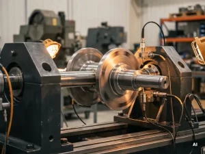 Präzisions-Stahlrotorwelle in schwerem Prüfstand, rotierende Flansche mit Bewegungsunschärfe, umgeben von Messsensoren in Industriewerkstatt.