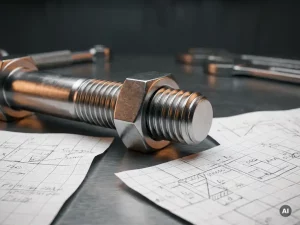 Stahlschraube mit Sechskantmutter auf Berechnungsblättern mit Spannungsdiagrammen, Makroaufnahme einer Gewindeverbindung im Werkstatt-Setting.
