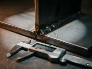 Nahaufnahme einer Stahlschweißnaht mit feinen Risslinien und Präzisionsmesschieber auf mattem Metallwerkzeugbank unter Studiolicht.