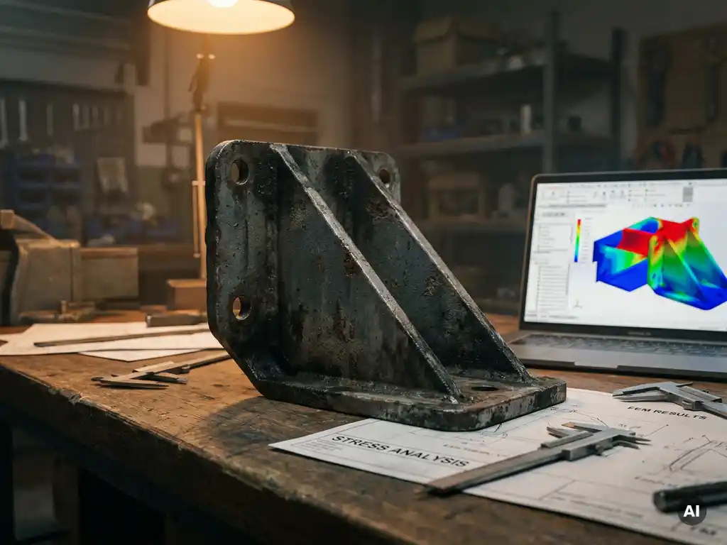 Verwittertes Stahlbauteil auf Werkbank mit Messschiebern, Spannungsanalysen und FEM-Simulation auf Laptop-Bildschirm.