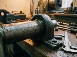 Verwitterte Stahlwelle mit Ermüdungsrissen im Lagergehäuse, Messschieber daneben auf Werkbank, industrielle Nahaufnahme.