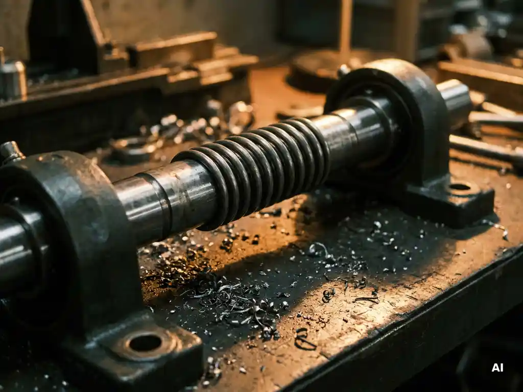 Präzisionsgefertigte Stahlwelle zwischen zwei Lagergehäusen mit komprimierter Metallfeder, Metallspäne auf dunkler Werkstattoberfläche.