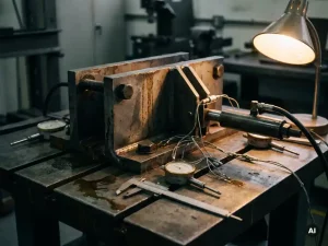 Verwitterter Stahlschaft auf Werkbank in Ingenieurbüro, umgeben von Messschiebern und Präzisionsinstrumenten zur Strukturanalyse.