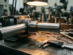 Stahlwelle in poliertem Metallgehäuse eingepresst, Messschieber daneben auf Werkstattoberfläche, Metallspäne sichtbar.