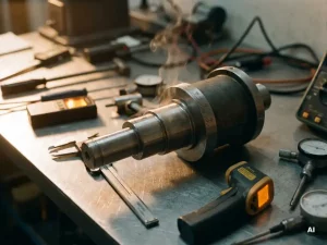 Präzisionsgefertigte Stahlwelle mit Wärmeausdehnung im Metallgehäuse, Messschieber und Thermowerkzeuge auf Aluminiumwerkbank.