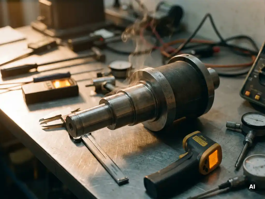 Präzisionsgefertigte Stahlwelle mit Wärmeausdehnung im Metallgehäuse, Messschieber und Thermowerkzeuge auf Aluminiumwerkbank.