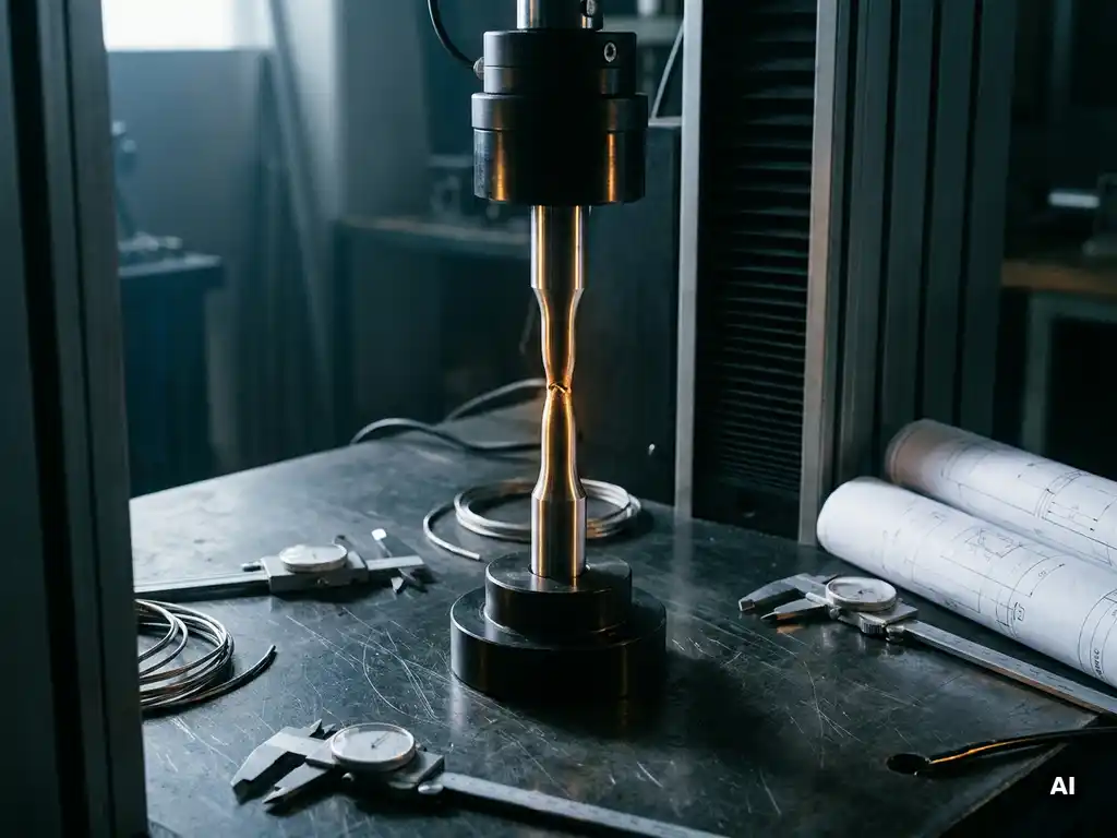 Stahlzugprobe mit sichtbarer Einschnürung in Prüfmaschine, umgeben von Messschiebern und technischen Zeichnungen auf Metallwerkbank.