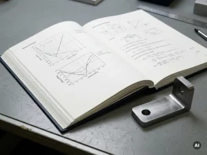 Aufgeschlagener Ingenieurbericht mit Spannungsanalyse-Diagrammen und Strukturzeichnungen neben einem gefrästen Stahlwinkel auf einem technischen Schreibtisch.