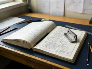 Aufgeschlagener Berechnungsbericht mit Spannungsdiagrammen und Werkstoffkurven, darauf ein gefräster Stahlwinkel als Bauteilmuster.