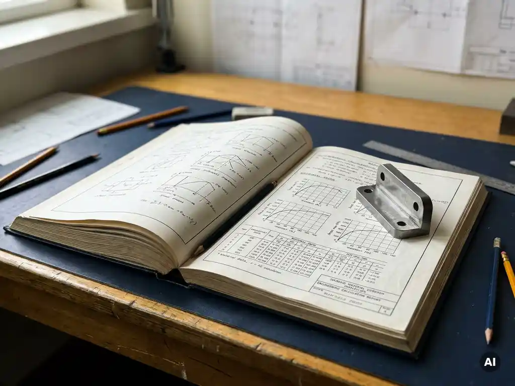 Aufgeschlagener Berechnungsbericht mit Spannungsdiagrammen und Werkstoffkurven, darauf ein gefräster Stahlwinkel als Bauteilmuster.