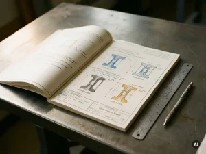Ingenieur-Spannungsanalysebericht mit farbcodierten Lastzonen auf Stahltisch, Lineal und Druckbleistift daneben.