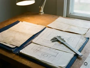 Technische Konstruktionszeichnungen und Materialspezifikationen auf einem Zeichentisch, Präzisionsschieblehre auf Blaupausen.