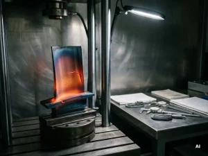 Metallbauteil mit Wärmebildgradient in Prüfvorrichtung, orange glühende Spannungspunkte auf blauem Hintergrund, Messschieber auf Stahlwerkbank.