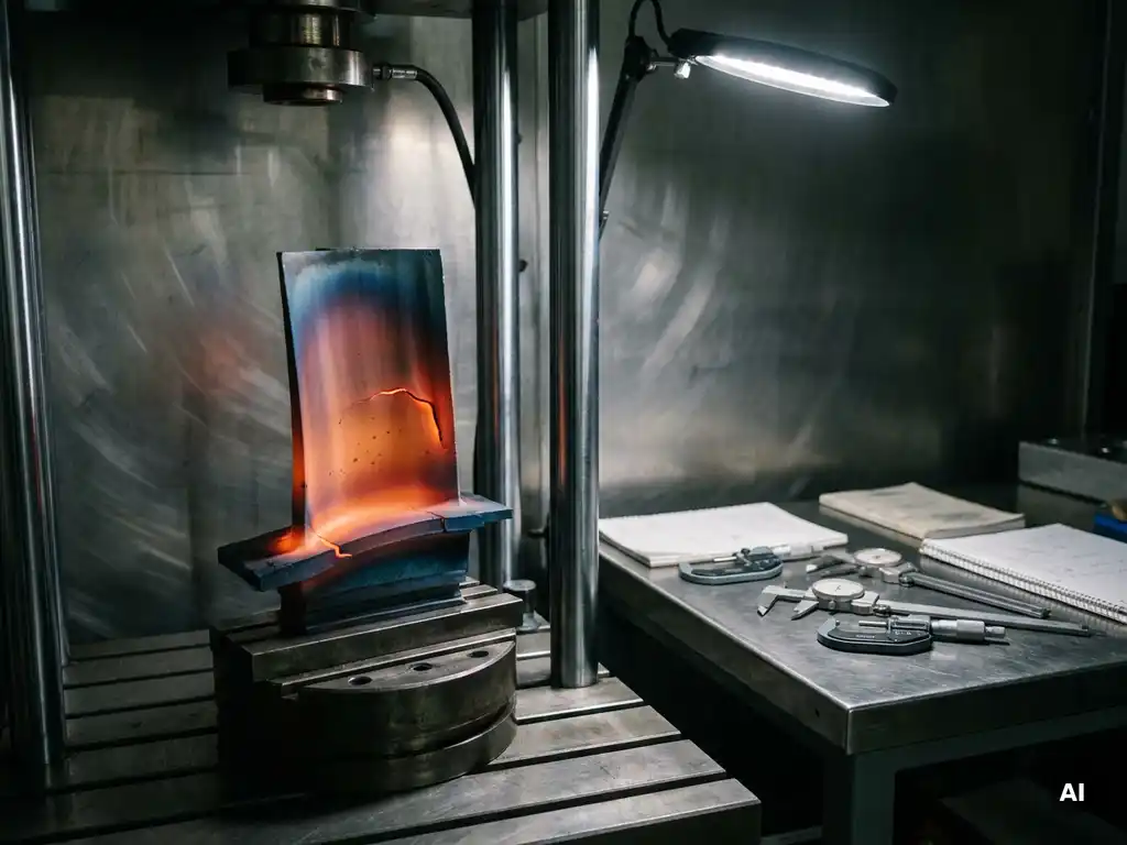 Metallbauteil mit Wärmebildgradient in Prüfvorrichtung, orange glühende Spannungspunkte auf blauem Hintergrund, Messschieber auf Stahlwerkbank.