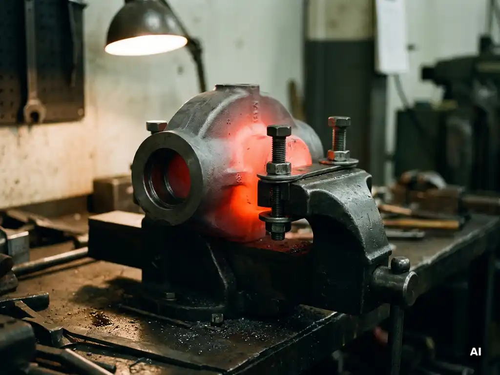 Schweres Stahlbauteil mit rotglühendem Kern unter thermischer Belastung, eingespannt in Präzisionsvorrichtung mit Spannbolzen auf dunkler Werkbank.