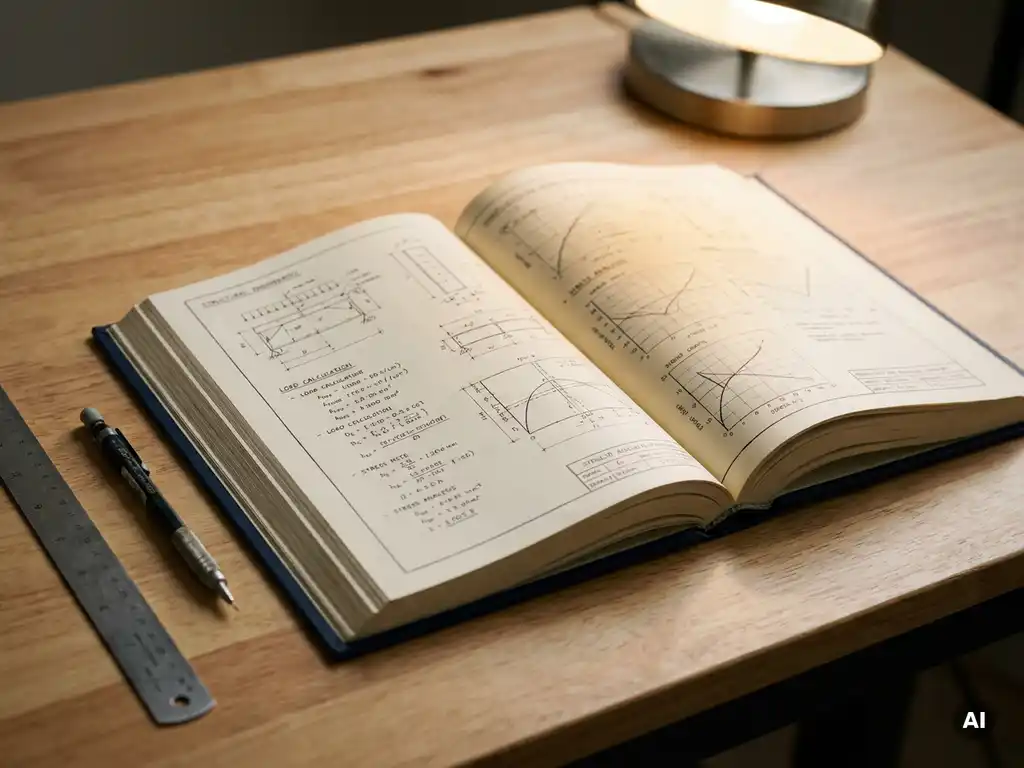 Aufgeschlagener Tragwerksplanungsbericht mit technischen Zeichnungen und Lastdiagrammen auf einem Zeichentisch, mechanischer Bleistift und Stahllineal daneben.
