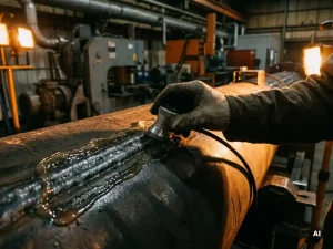 Techniker führt Ultraschallprüfung an einer Stahlschweißnaht durch, Kontaktgel glänzt auf der Metalloberfläche, industrielle Werkstatt im Hintergrund.