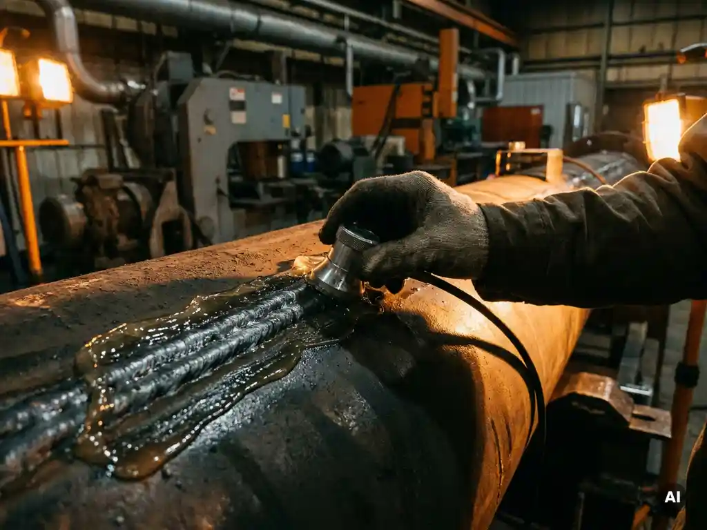 Techniker führt Ultraschallprüfung an einer Stahlschweißnaht durch, Kontaktgel glänzt auf der Metalloberfläche, industrielle Werkstatt im Hintergrund.