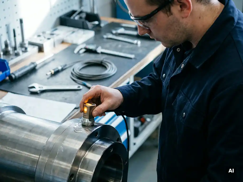 Techniker prüft poliertes Stahlbauteil mit Ultraschallsonde auf innere Fehler in einer sauberen Werkstatt.