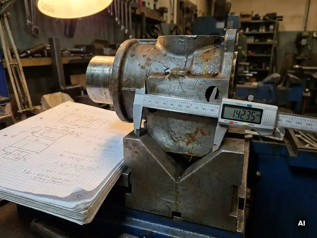 Verwittertes Maschinenbauteil in Messvorrichtung eingespannt, digitale Schieblehre an verschlissener Metalloberfläche mit Ermüdungsrissen.