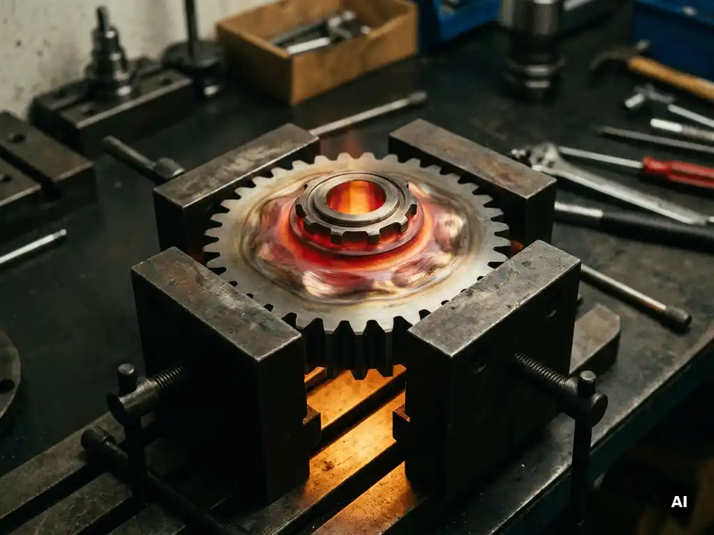 Rotglühendes Präzisionsbauteil aus Metall in industrieller Prüfvorrichtung, thermische Spannungen verformen die Oberfläche sichtbar.