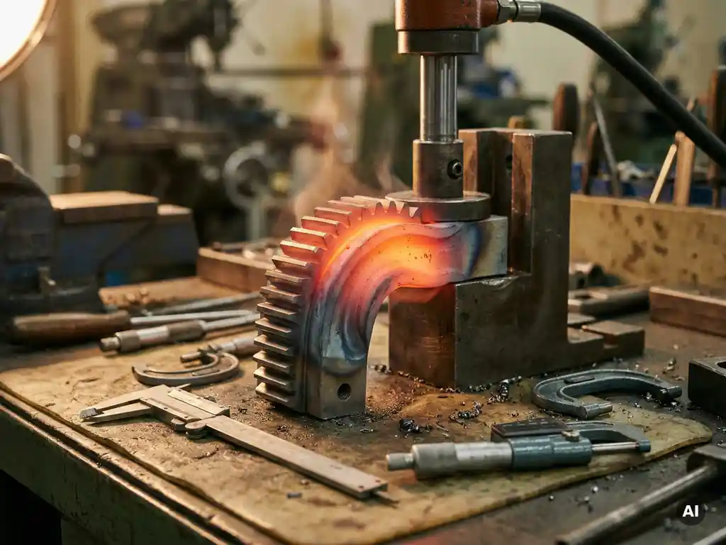 Glühendes Metallbauteil bei thermischer Verformung auf Werkbank, orange-rote Wärmegradien­ten, Messschieber, industrieller Hintergrund.