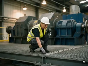 Wartungsingenieur mit Schutzhelm und Warnweste prüft Industrieanlage auf Stahlgitterrost mit Handläufen.