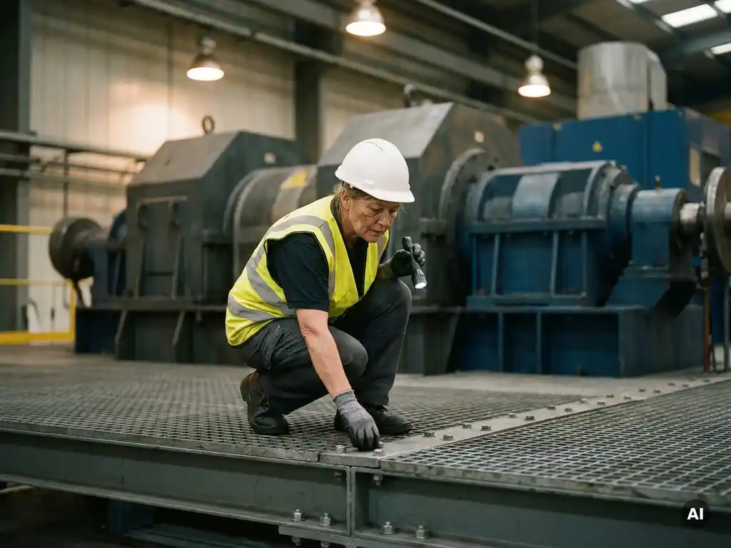 Wartungsingenieur mit Schutzhelm und Warnweste prüft Industrieanlage auf Stahlgitterrost mit Handläufen.