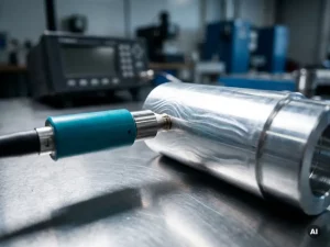 Wirbelstromsonde auf poliertem Aluminiumzylinder bei Materialprüfung im Industrielabor auf Edelstahl-Prüftisch.