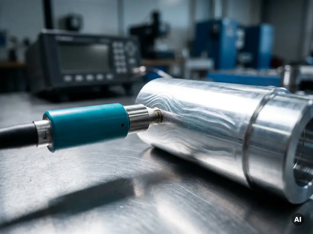 Wirbelstromsonde auf poliertem Aluminiumzylinder bei Materialprüfung im Industrielabor auf Edelstahl-Prüftisch.